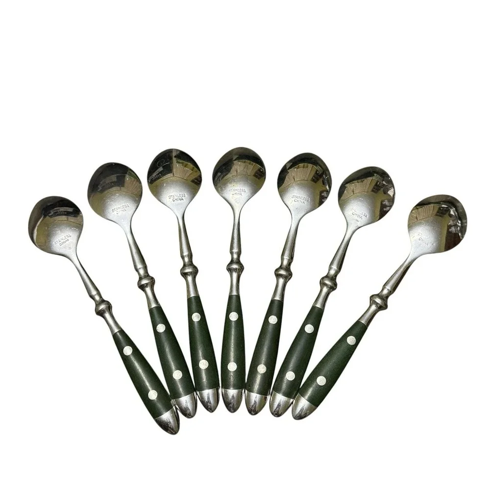 Set 7 Stainless Steel Teaspoons Green Rivet Handle Flatware Vintage